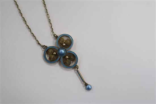 An early/mid 20th century Norwegian 930 white metal gilt and enamel drop pendant necklace, pendant 42mm.